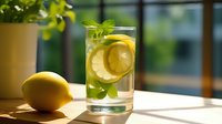 Fresh lemon water with mint leaves in clear glass on wooden table. Bright natural sunlight creates soft shadows. Refreshing summer drink concept.