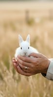 White rabbit held in hands of person in field, symbolizing care, gentleness, and connection with nature for wildlife and pet concepts.
