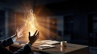 Glowing human figure emerging from open book with hands reaching toward light, representing knowledge, inspiration and spiritual enlightenment concept.
