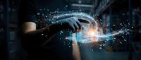 Businessman hand touching futuristic digital interface with glowing data particles and network connections in modern technology concept for innovation.