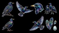 Starling birds collection with iridescent plumage isolated on transparent background. Ready for clipart, t-shirt design, stickers, print-on-demand products and sublimation projects.