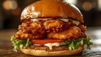 Crispy fried chicken sandwich with spicy sauce, melted cheese, fresh lettuce, and tomato on toasted brioche bun, close-up view showing layered ingredients.
