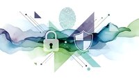 Digital cybersecurity concept with fingerprint biometric authentication, shield protection and padlock on abstract geometric background for tech solutions.