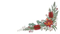 Autumn botanical corner arrangement with red banksia flowers, eucalyptus leaves and native foliage on white background for seasonal design projects.