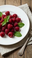 Fresh red raspberries with mint leaves arranged on white plate over wooden table, ideal for food styling, healthy eating, dessert, and culinary content.