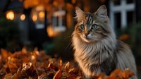 Fluffy tabby cat sitting among autumn leaves with warm bokeh lights in background. Cozy fall season pet portrait for seasonal marketing campaigns.