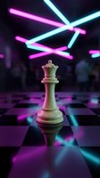 Chess king piece on futuristic neon-lit board with pink and cyan lighting effects creating strategic gaming atmosphere for business concepts.