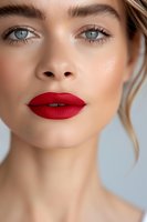 Close-up portrait of a woman with bright eyes, and natural makeup showing clean skin texture and professional beauty retouching for cosmetic advertising.