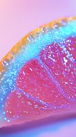 Vibrant citrus slice with sparkling water droplets in neon pink and blue colors against gradient background, creating magical macro photography effect.