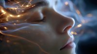 Ethereal close up profile of woman with closed eyes and glowing particles floating around her face against dark background creating magical atmosphere.