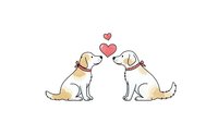 Two adorable puppies sitting face to face with floating hearts above them, expressing love and affection on clean white background for romantic designs.