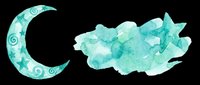 Watercolor teal crescent moon with stars and cloud set, isolated on transparent background. Great for nursery clipart, stickers, t-shirt design, and print on demand.