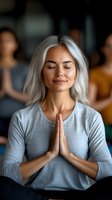 Peaceful mature woman with silver hair meditating in prayer pose with closed eyes wearing gray shirt in group wellness class setting.