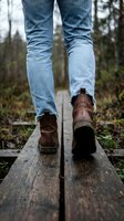 Person walking on wooden boardwalk wearing distressed blue jeans and brown leather boots in natural outdoor forest setting for lifestyle concepts.
