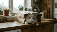 Fluffy Ragdoll cat resting inside a brown paper bag on a rustic wooden kitchen counter, cozy home interior with plants and natural light.