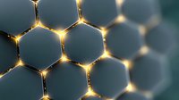 Glowing golden honeycomb pattern with illuminated nodes on dark background creates futuristic network visualization for technology and science concepts.