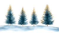 Watercolor winter landscape with four evergreen pine trees standing in snow, painted in blue and golden tones for seasonal holiday decorations and cards.