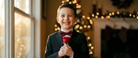 Young Caucasian boy in green sweater holding red heart lollipop smiling joyfully during Christmas celebration with festive tree lights in background.