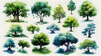 Watercolor collection of green and blue trees with various shapes and sizes, showcasing different species for nature-inspired design projects.