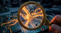 Magnifying glass reveals glowing circuit board pathways with orange light trails on electronic motherboard for technology analysis and inspection.