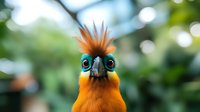 Quirky orange bird with spiky head feathers and bright blue spectacle-like markings around eyes gazes directly at camera against soft bokeh background.