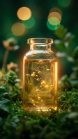 Glass bottle filled with golden essential oil or serum surrounded by fresh green moss and blurred bokeh lights, suitable for wellness, beauty, and skincare product marketing.