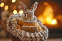Cozy bunny wearing knit sweater reading book in chunky knit basket against warm fireplace bokeh background, creating magical autumn or winter atmosphere.