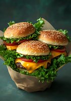 Fresh cheeseburgers with sesame buns, melted cheddar, tomatoes and lettuce served in craft paper on dark green background. Food photography.