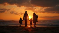 Silhouette of family with two children walking on beach at sunset, holding hands against dramatic orange sky and ocean waves.