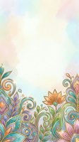 Colorful ornamental floral border with decorative leaves and swirls on soft pastel watercolor background, isolated design element for invitations, greeting cards, and creative projects.