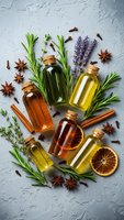 Essential oils in glass bottles with fresh herbs and spices on textured background for aromatherapy, natural wellness and spa treatments.