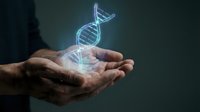 Glowing DNA double helix hologram floating above cupped hands against dark background for genetic research, biotechnology and medical science concepts.