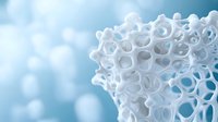Macro view of white coral-like organic structure with intricate holes and patterns against soft blue bokeh background, creating abstract natural geometry.