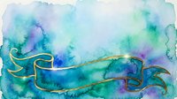 Watercolor abstract background with flowing gold ribbon banner, soft blue, green, and purple washes, isolated on white for design projects.