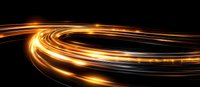 Glowing golden light trails curve dynamically against dark background creating futuristic motion effect, abstract energy streams flow in spiral pattern.