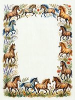 Decorative frame featuring galloping horses in various poses surrounded by wildflowers and botanical elements on white background, ready for invitations, certificates, and design projects.
