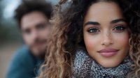 Young mixed race woman with curly hair and natural makeup wearing cozy gray knit turtleneck sweater smiling at camera, with blurred male figure in background.