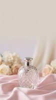 Crystal perfume bottle on pink silk fabric with dried flowers and pampas grass creating elegant feminine beauty product display for cosmetics branding.