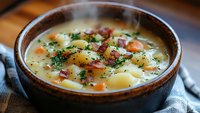 Hearty potato soup garnished with crispy bacon bits, fresh herbs and vegetables in rustic ceramic bowl, served on linen cloth. Comfort food for cold weather.