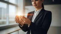 Professional businesswoman in dark suit holding glowing magical light particles in cupped hands representing innovation, creativity and future technology concepts.