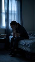 Depressed young woman sitting on bed with head in hands in dark bedroom with window light for mental health awareness campaigns.