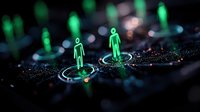 Glowing green holographic figures standing on illuminated circles against dark background with digital particles and network connections. For technology concepts.