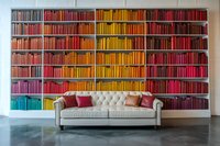 Elegant cream tufted sofa against rainbow-organized bookshelf wall featuring colorful book spines in spectrum arrangement on white shelving system with concrete floor.