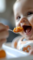 Excited Caucasian baby opening mouth wide for spoonful of orange pureed food, showing pure joy during feeding time. Close-up shot captures genuine emotion.
