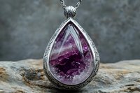 Teardrop-shaped amethyst crystal pendant with intricate silver metalwork setting displayed on natural stone surface against dark textured background. Jewelry piece shows deep purple hues.