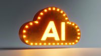 Glowing cloud-shaped sign with AI letters illuminated by decorative bulbs on neutral background, modern technology concept for artificial intelligence and cloud computing.