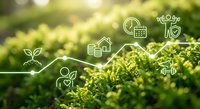 Green technology concept with eco-friendly icons connected by glowing lines over blurred natural foliage background for sustainable business presentations.