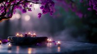 Mystical scene with glowing candles on stone platform surrounded by purple blossoms and misty water, creating serene meditation atmosphere in moonlit setting.