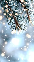 Frosty pine branch with sparkling snow and warm glowing bokeh lights against soft blue winter background, creating magical holiday atmosphere.