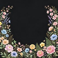 Floral frame border with colorful spring flowers and leaves on black background for wedding invitations and greeting cards.